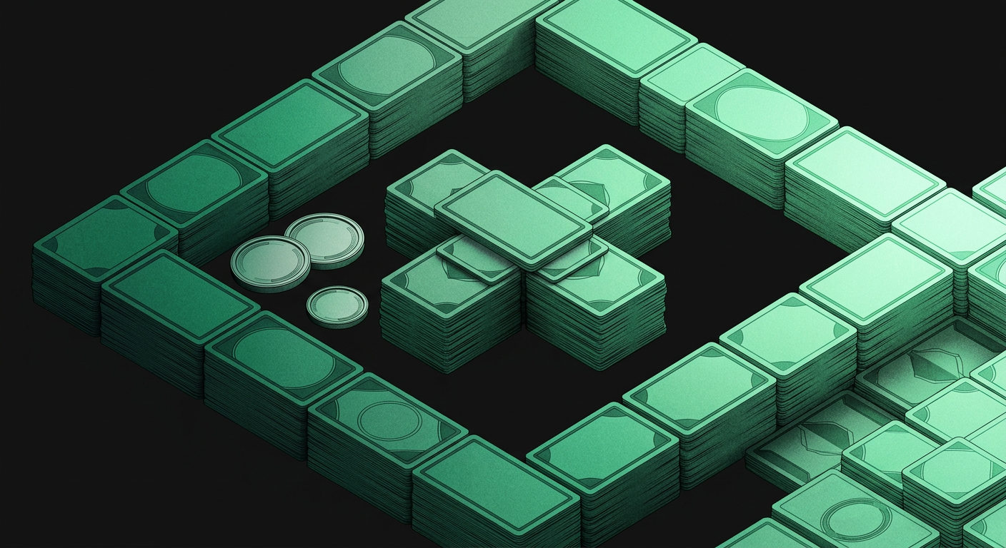 Isometric frame of stacked trading cards in emerald green, generated illustration