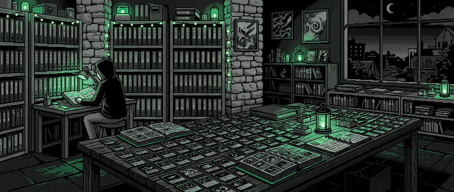 Pixel-art room of binders and a table of trading cards, generated illustration
